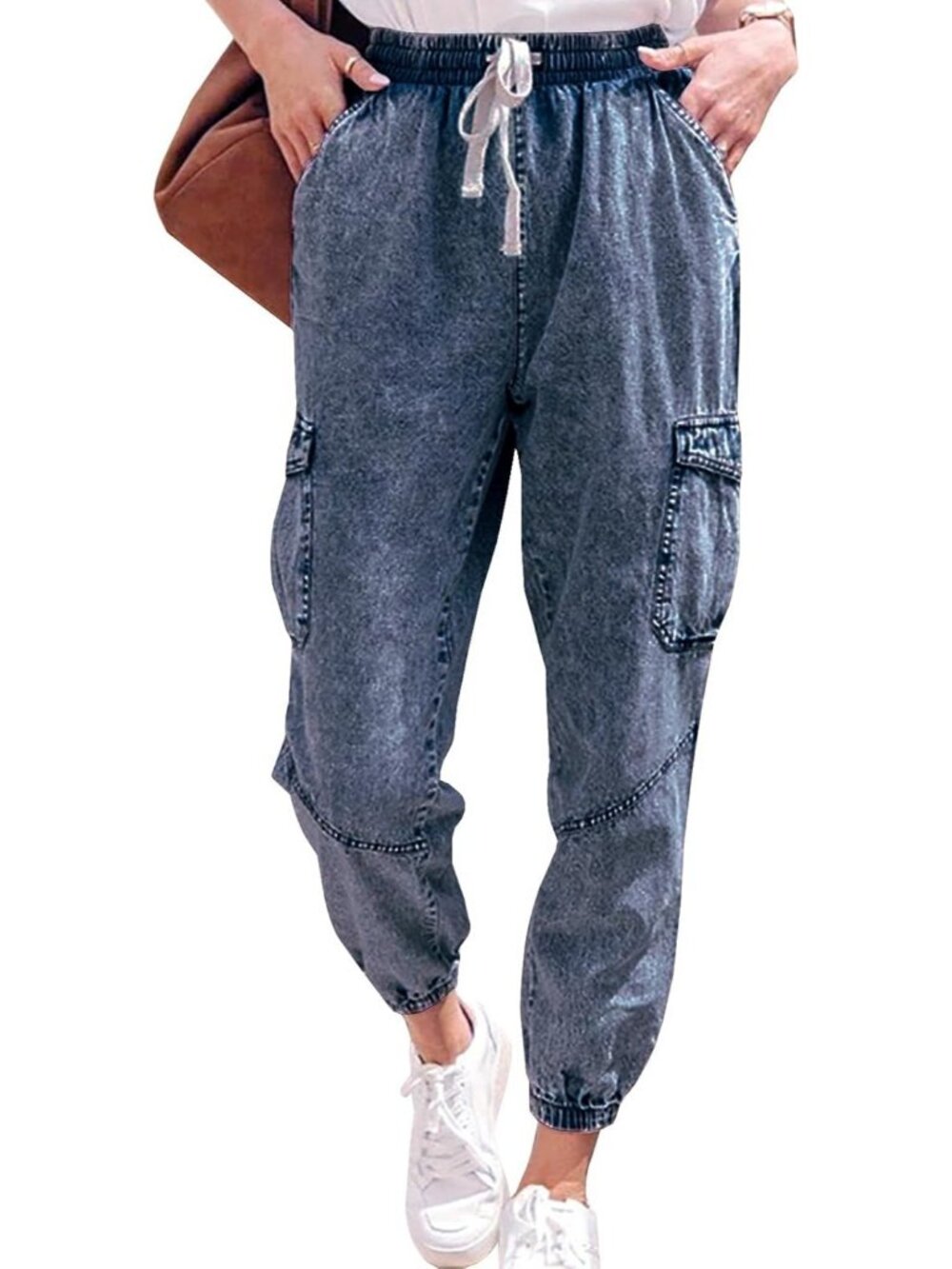 Women's Dark Blue Denim Drawstring Elastic Y2k Pull On High Waisted Baggy Jeans